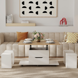 100 cm Lift-Top Foldable Natural &White Coffee Table with 4 Stools & Storage - thumbnail 6