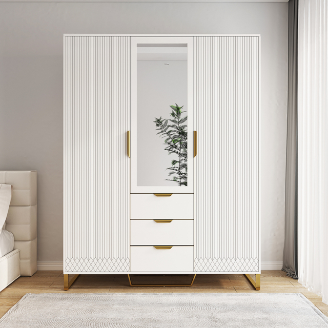 Aro Modern 3 Door Mirrored Armoire Dresser with Shelves & Drawers Tall Wardrobe Closet