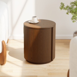 Round Plywood Fluted Side Table Mid Century Modern End Table with Storage - thumbnail 1
