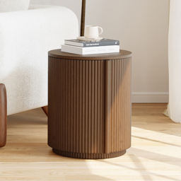 Round Plywood Fluted Side Table Mid Century Modern End Table with Storage - thumbnail 3