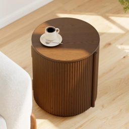 Round Plywood Fluted Side Table Mid Century Modern End Table with Storage - thumbnail 2