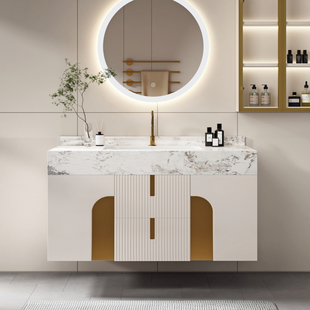 92 cm Bathroom Vanity Cultured Marble Wall Mounted with Ceramic Single Sink Modern Style Beige - image 1