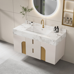 90 cm Bathroom Vanity Cultured Marble Wall Mounted with Ceramic Single Sink Modern Style Beige - thumbnail 2