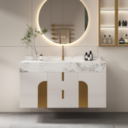 90 cm Bathroom Vanity Cultured Marble Wall Mounted with Ceramic Single Sink Modern Style Beige - thumbnail 5