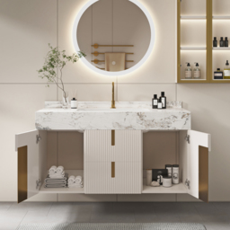 90 cm Bathroom Vanity Cultured Marble Wall Mounted with Ceramic Single Sink Modern Style Beige - thumbnail 3