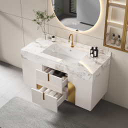 90 cm Bathroom Vanity Cultured Marble Wall Mounted with Ceramic Single Sink Modern Style Beige - thumbnail 4