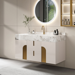 90 cm Bathroom Vanity Cultured Marble Wall Mounted with Ceramic Single Sink Modern Style Beige - thumbnail 6