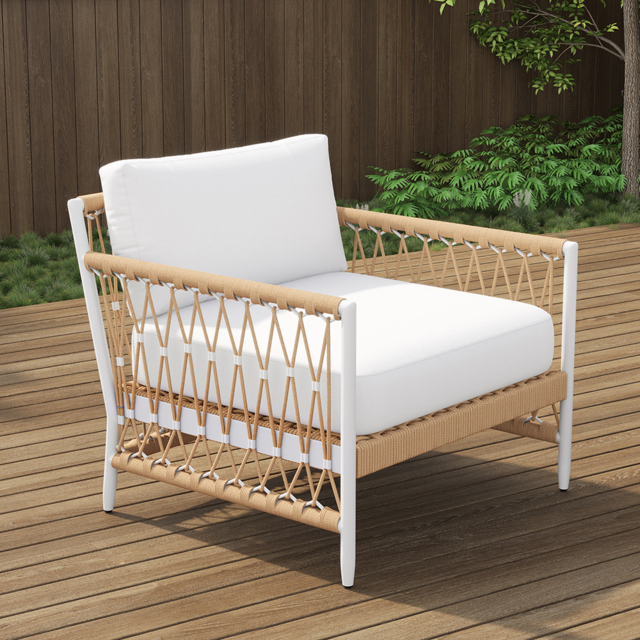 Woven Rope Outdoor Armchair Accent Chair Boho Yard & Patio Furniture in White Cushion & Pillow Included - image 1