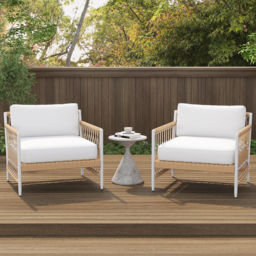 Woven Rope Outdoor Armchair Accent Chair Boho Yard & Patio Furniture in White Cushion & Pillow Included - thumbnail 2