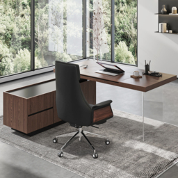 "Set Modern Walnut Standing L-Shape Desk & Reclining Leather Office Desk Chair (71.5"")" - thumbnail 2