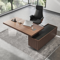 "Set Modern Walnut Standing L-Shape Desk & Reclining Leather Office Desk Chair (71.5"")" - thumbnail 1
