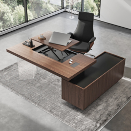 "Set Modern Walnut Standing L-Shape Desk & Reclining Leather Office Desk Chair (71.5"")" - thumbnail 3