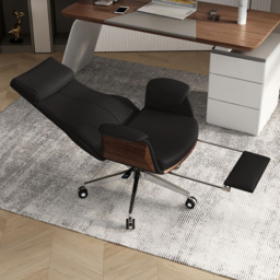 "Set Modern Walnut Standing L-Shape Desk & Reclining Leather Office Desk Chair (71.5"")" - thumbnail 6