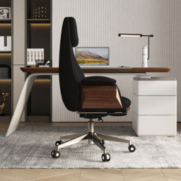 "Set Modern Walnut Standing L-Shape Desk & Reclining Leather Office Desk Chair (71.5"")" - thumbnail 9