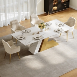 200 cm Rectangle Faux Marble Dining Table for 8 People Affordable Luxury Modern White