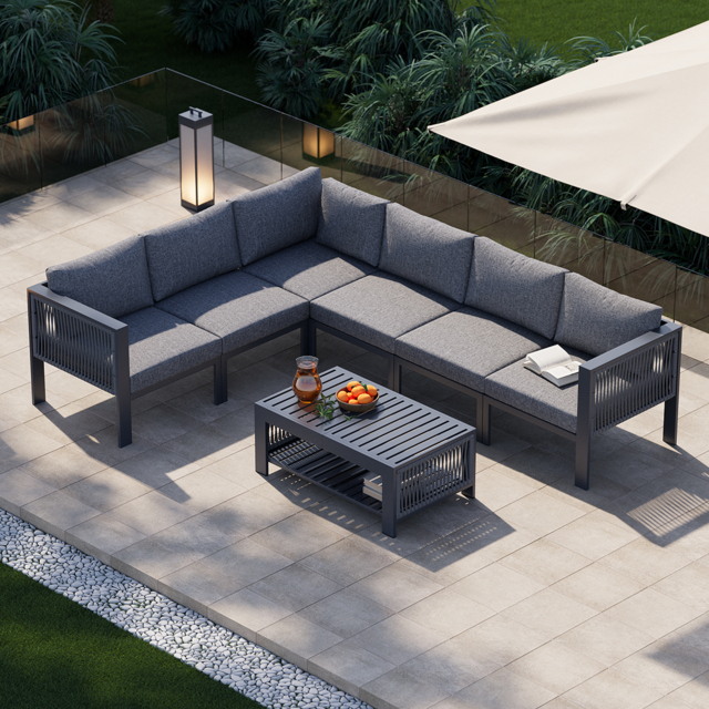 7 Pieces Modern L-shaped Patio Garden Sectional Sofa Set with Coffee Table in Grey for 6 - image 1