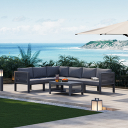 7 Pieces Modern L-shaped Patio Garden Sectional Sofa Set with Coffee Table in Grey for 6 - thumbnail 3