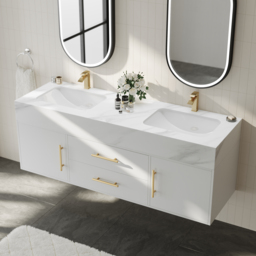 1500mm Double Sink Bathroom Vanity with Gold Handles – White Modern Floating Vanity - thumbnail 3