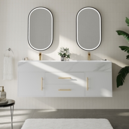 150 cm Double Sink Bathroom Vanity with Gold Handles – White Modern Floating Vanity