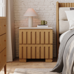 Ash Wood 2-Drawer Nightstand with Faux Travertine Top Set of 2 - thumbnail 2