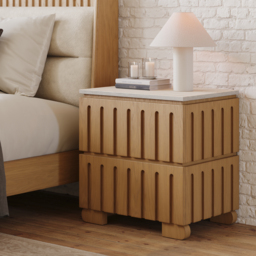 Ash Wood 2-Drawer Nightstand with Faux Travertine Top Set of 2