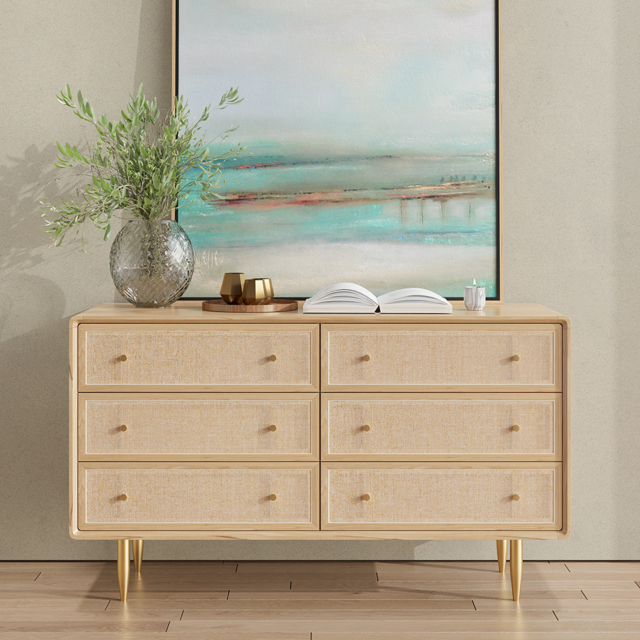 Mid-century Modern Tural 1360 mm Nordic Natural Bedroom Dresser with 6 Drawers Rattan Woven in Gold - image 1