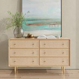 Mid-century Modern Tural 1360 mm Nordic Natural Bedroom Dresser with 6 Drawers Rattan Woven in Gold - thumbnail 1