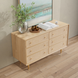 Mid-century Modern Tural 1360 mm Nordic Natural Bedroom Dresser with 6 Drawers Rattan Woven in Gold - thumbnail 3