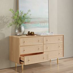 Mid-century Modern Tural 1360 mm Nordic Natural Bedroom Dresser with 6 Drawers Rattan Woven in Gold - thumbnail 2