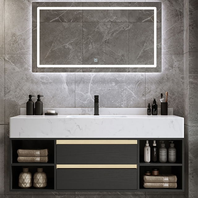 100 cm Floating Bathroom Vanity Set Cultured Marble Black with Ceramic Sink & 2 Drawers - image 1