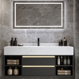 100 cm Floating Bathroom Vanity Set Cultured Marble Black with Ceramic Sink & 2 Drawers