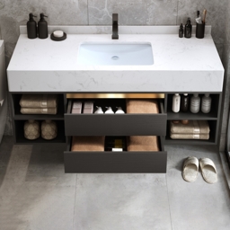 100 cm Floating Bathroom Vanity Set Cultured Marble Black with Ceramic Sink & 2 Drawers - thumbnail 3