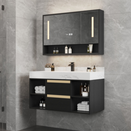 100 cm Floating Bathroom Vanity Set Cultured Marble Black with Ceramic Sink & 2 Drawers - thumbnail 4