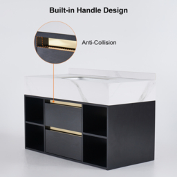 100 cm Floating Bathroom Vanity Set Cultured Marble Black with Ceramic Sink & 2 Drawers - thumbnail 9