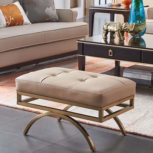 Beige Stool Leather Upholstered Ottoman Stool Gold Legs - image 1