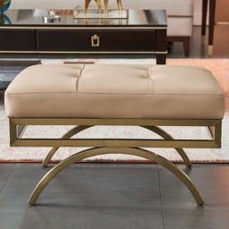 Beige Stool Leather Upholstered Ottoman Stool Gold Legs - thumbnail 2