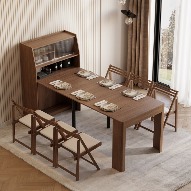 Modern Extendable Dining Table with Storage Rectangle Sideboard Glass Door Walnut - image 1