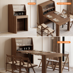 Modern Extendable Dining Table with Storage Rectangle Sideboard Glass Door Walnut - thumbnail 5
