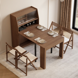 Modern Extendable Dining Table with Storage Rectangle Sideboard Glass Door Walnut - thumbnail 2