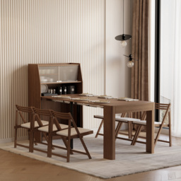Modern Extendable Dining Table with Storage Rectangle Sideboard Glass Door Walnut - thumbnail 4