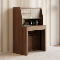 Modern Extendable Dining Table with Storage Rectangle Sideboard Glass Door Walnut - thumbnail 3