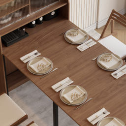 Modern Extendable Dining Table with Storage Rectangle Sideboard Glass Door Walnut - thumbnail 9