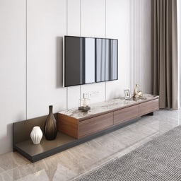 Fero Modern Extendable Stone Top Walnut & Black Wood TV Stand with 3 Drawers Up to 305 cm - thumbnail 1