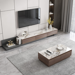 Fero Modern Extendable Stone Top Walnut & Black Wood TV Stand with 3 Drawers Up to 305 cm - thumbnail 3