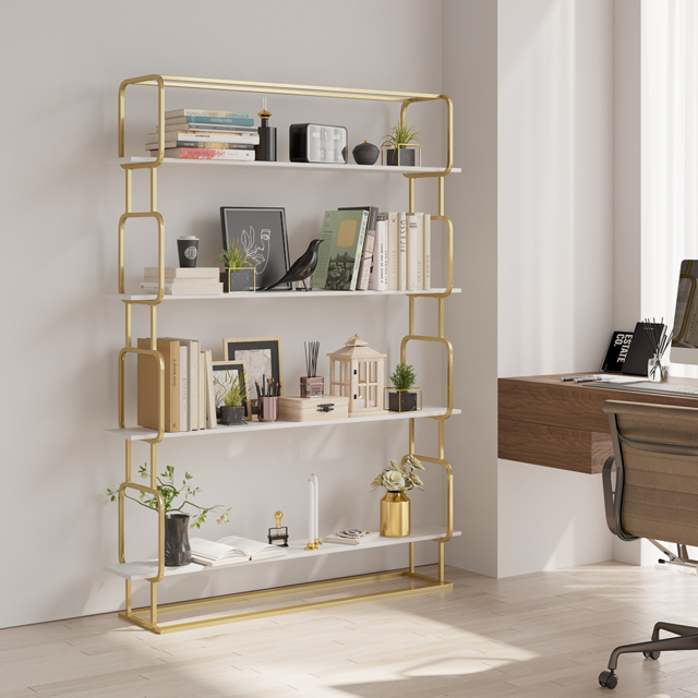 "1800mm Modern White Tall Freestanding Wooden Office 4 Shelves Etagere Bookcase in Gold " - image 1