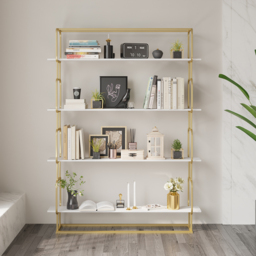 "1800mm Modern White Tall Freestanding Wooden Office 4 Shelves Etagere Bookcase in Gold " - thumbnail 2