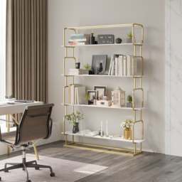 "1800mm Modern White Tall Freestanding Wooden Office 4 Shelves Etagere Bookcase in Gold " - thumbnail 4