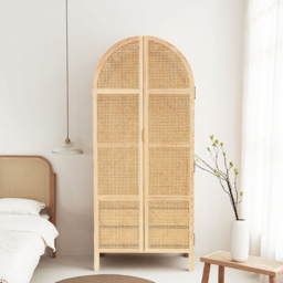 Natural Woven Rattan Bedroom Clothing Armoire with Hidden 2 Doors and Drawers Wardrobe - thumbnail 3