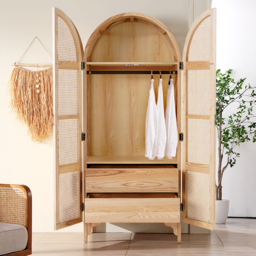 Natural Woven Rattan Bedroom Clothing Armoire with Hidden 2 Doors and Drawers Wardrobe - thumbnail 1
