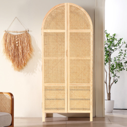 Natural Woven Rattan Bedroom Clothing Armoire with Hidden 2 Doors and Drawers Wardrobe - thumbnail 2